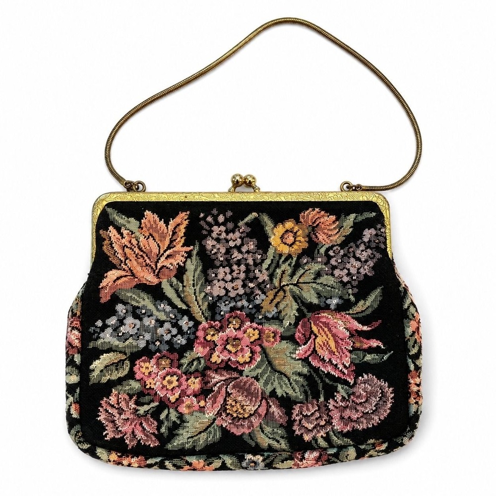 1950s Walborg W Germany Floral Tapestry Handbag Gold Kiss Lock Bag